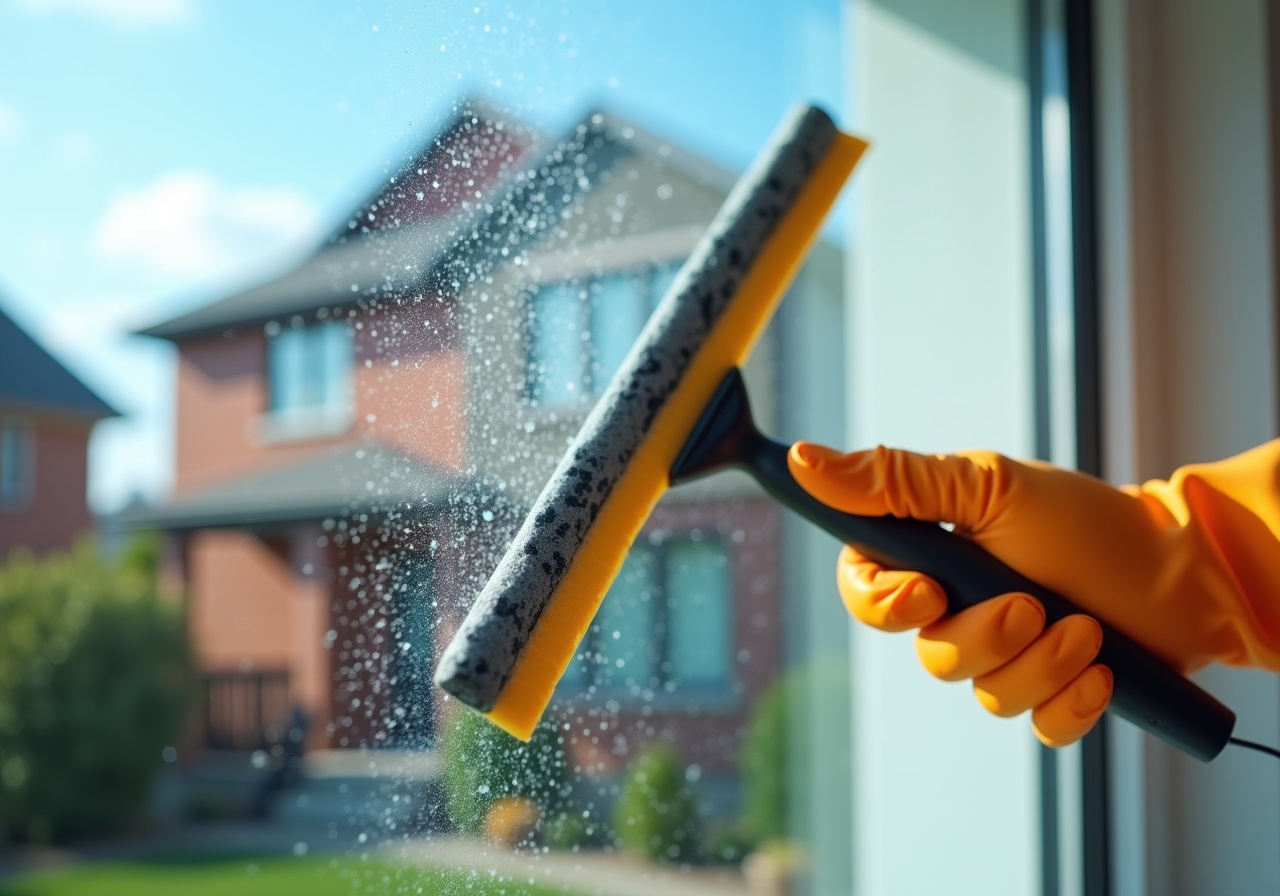 Hand using a yellow squeegee to clean a window with soap droplets